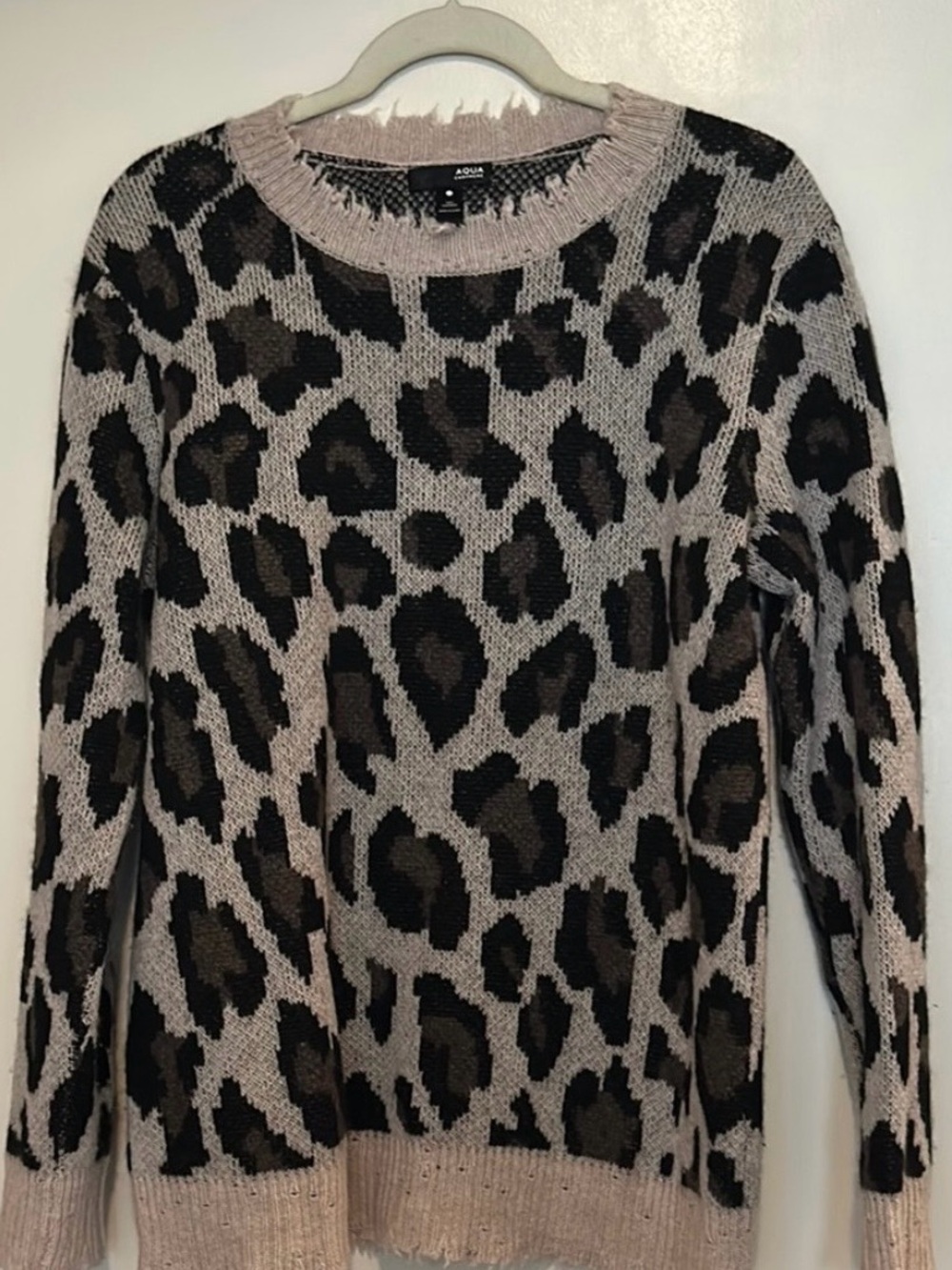 Aqua - Cashmere Distressed Animal Print Crewneck Cashmere Sweater